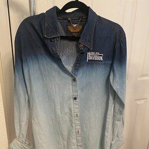 Harley Davidson Long Sleeve Ombre Chambray Denim Jean Button-Down Shirt